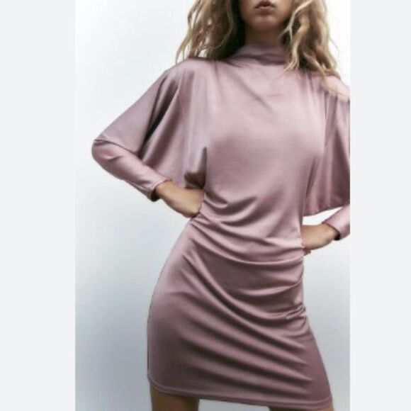 Zara Voluminous Satin Effects Long Sleeve Dress in Mauve S - Picture 2 of 7